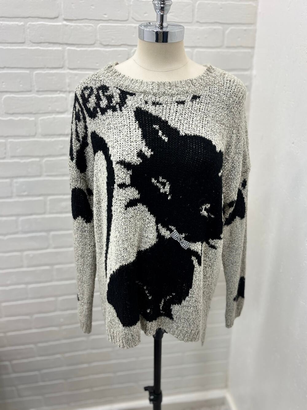 Katsumi Knit Cat Sweater Womens Medium/Large Grey Marled Oversized Graphic C14